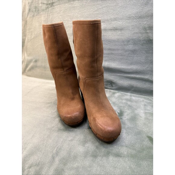 Y2K UGG Boots Lynnea Womens Sz 7 Fold Over Tan Suede Shearling Lined Clogs 3204 - Picture 5 of 9